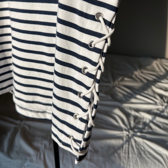A.L.C. Everly Navy Blue and White Striped Nautical Lace Up Side Short Sleeve Tee - Picture 2 of 15